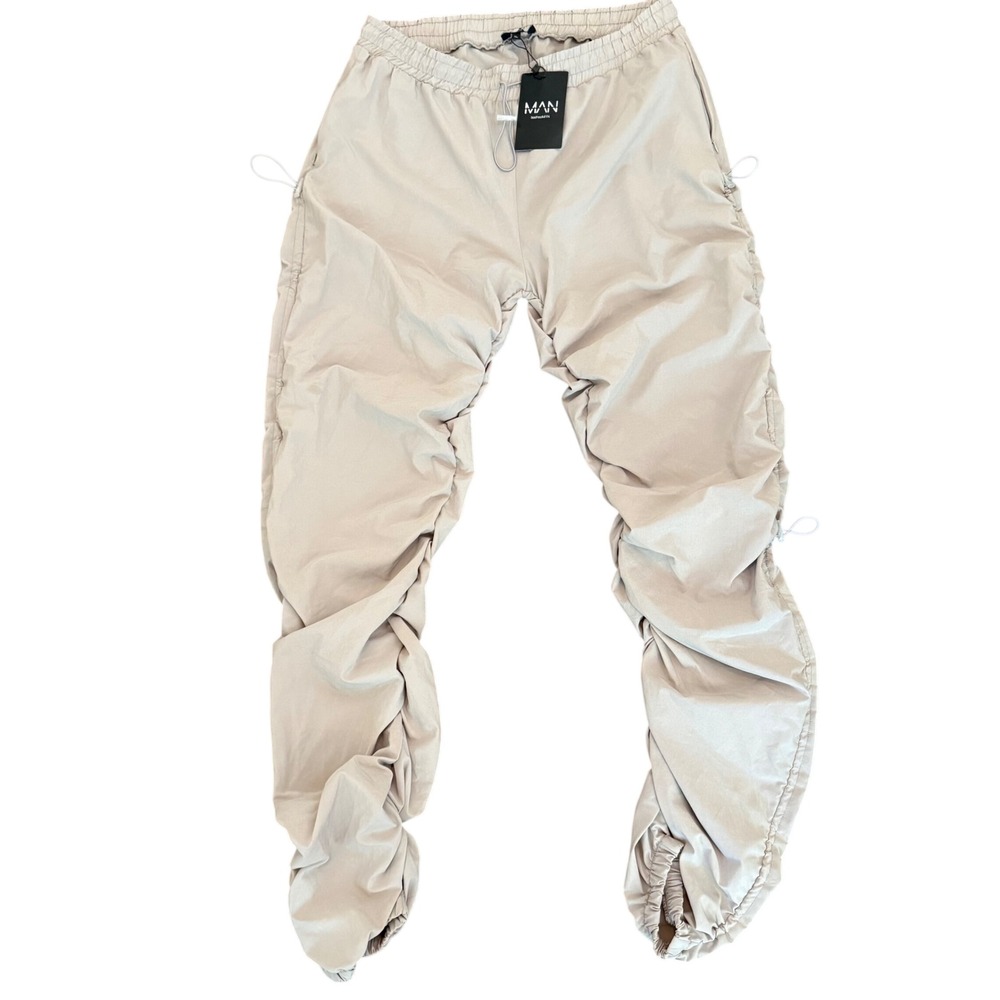 BoohooMAN‎ Slim Stretch Ruched Toggle Trousers Grey XL Streetwear Techwear Pants